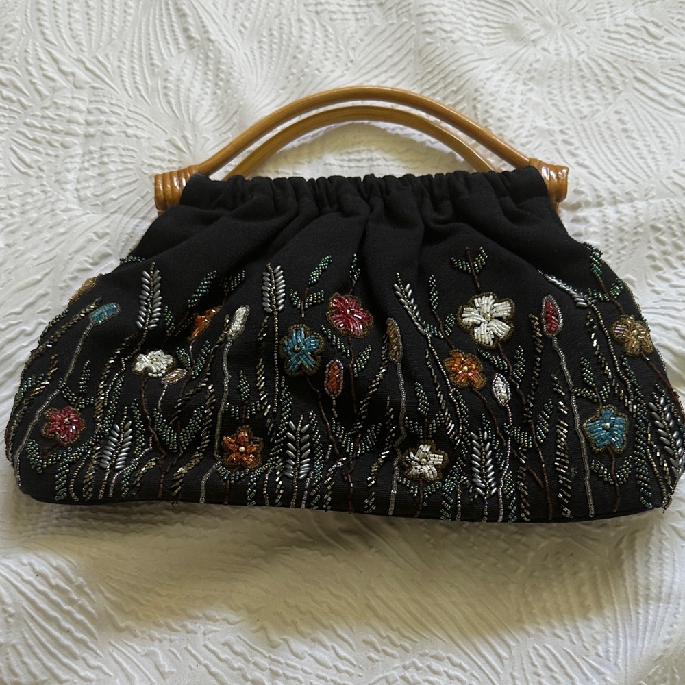 Embroidered Black Floral Handbag
